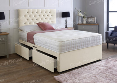 Comfy Deluxe 5Ft King Cream Plush Velvet Pocket Divan Bed & Chesterfield Headboard No Drawers