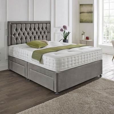 Dining Tables Lisbon Matching Headboard Divan Set, 2 Drawer On Same Side With Sprung 1500 Comfort Mattress - Plush Grey - Double - image 1