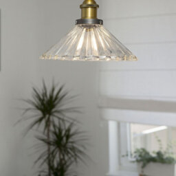 Wyld and Coco Luminalux 1-Light Pendant Lamp - Ribbed Transparent Glass Cone Shade, Brass Finish, 25Cm Dia, 96Cm Drop - thumbnail 2