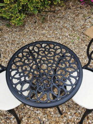 Sh&g Rayleigh 2 Seat Bistro Set - 3 Piece Round Table & Chairs - Black Cast Aluminium With Cream Cushions - Indoor & Outdoor - thumbnail 4