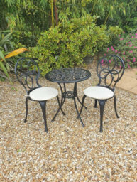 Sh&g Rayleigh 2 Seat Bistro Set - 3 Piece Round Table & Chairs - Black Cast Aluminium With Cream Cushions - Indoor & Outdoor - thumbnail 2
