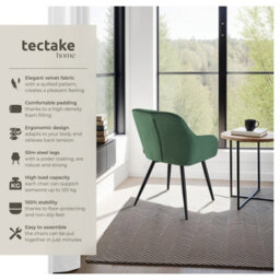 Tectake 1 Chair Marilyn - Velvet Look, Quilted, Continuous Backrest, Slim Steel Legs  - Dark Green / Black - thumbnail 2