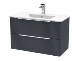 Hudson Reed Fluted Wall Hung 2-Drawer Vanity And Minimalist Basin, Contemporary Sink Vanity Unit, Soft Black, 800mm - thumbnail 4