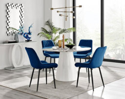Furniturebox Uk Palma White Marble Effect Round Dining Table & 4 Navy Pesaro Black Leg Chairs
