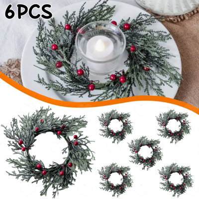 Amorly 6Pcs Christmas Candle Ring Wreaths, Holly Leaves Red Berry Mini Wreaths, Decor For Pillar Candles, Kitchen Cabinet And Indoor - image 1