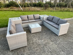 Fimous Light Grey Lounge Outdoor Pe Rattan Garden Furniture Set Wicker Sofa Set Square Coffee Table 2 Side Table 9 Seat - thumbnail 2