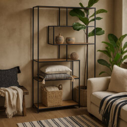 Wyld Haus El Paso Asymmetrical Bookcase   Black Metal Frame With Wild Oak Veneer, 5 Shelves - thumbnail 1