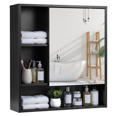 Gainoom Bathroom Black Wall Mirror Cabinet Space-Saving Wall Mounted Wooden Storage Cabinet W/ 3 Open Shelves - image 1