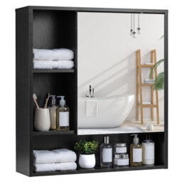 Gainoom Bathroom Black Wall Mirror Cabinet Space-Saving Wall Mounted Wooden Storage Cabinet W/ 3 Open Shelves