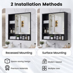 Gainoom Bathroom Black Wall Mirror Cabinet Space-Saving Wall Mounted Wooden Storage Cabinet W/ 3 Open Shelves - thumbnail 5
