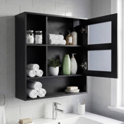 Gainoom Bathroom Black Wall Mirror Cabinet Space-Saving Wall Mounted Wooden Storage Cabinet W/ 3 Open Shelves - thumbnail 3