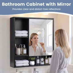 Gainoom Bathroom Black Wall Mirror Cabinet Space-Saving Wall Mounted Wooden Storage Cabinet W/ 3 Open Shelves - thumbnail 6