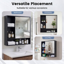 Gainoom Bathroom Black Wall Mirror Cabinet Space-Saving Wall Mounted Wooden Storage Cabinet W/ 3 Open Shelves - thumbnail 9