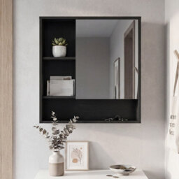 Gainoom Bathroom Black Wall Mirror Cabinet Space-Saving Wall Mounted Wooden Storage Cabinet W/ 3 Open Shelves - thumbnail 4
