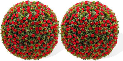 London Boutique Red Set Of 2 55 Cm Artificial Topiary Balls, Faux Rose Plant Spheres, Hanging Chains, Indoor Outdoor Garden Décor