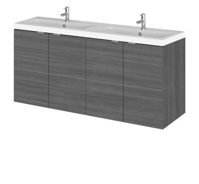 Hudson Reed Fusion Wall Hung 4 Door Vanity Unit & Twin Ceramic Basin, Sink Vanity Unit, Anthracite Woodgrain, 1200mm - image 1