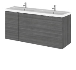 Hudson Reed Fusion Wall Hung 4 Door Vanity Unit & Twin Ceramic Basin, Sink Vanity Unit, Anthracite Woodgrain, 1200mm - thumbnail 1