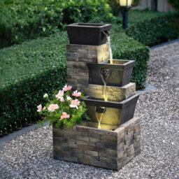 "34.5"" Brick Tiered Outdoor Water Fountain With Warm White Leds Adjustable Flow, Pump Included, Auto Shut Off Sensor"