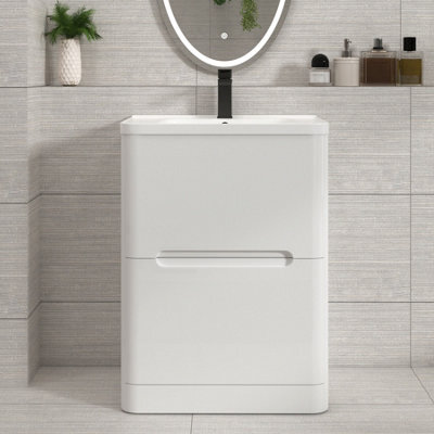 Royal Bathrooms Venice 600mm Gloss White Floor Standing Vanity Unit 2 Drawer with Ceramic Basin - image 1