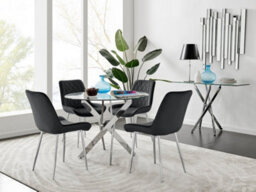 Furniturebox Uk Novara Chrome Metal Round Glass Dining Table And 4 Black Pesaro Silver Leg Chairs