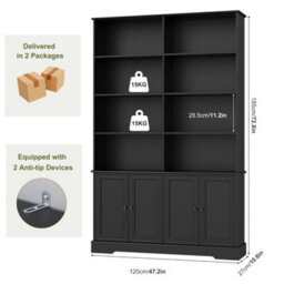 Black Bookcase With Doors 6Tier Bookshelf Tall Storage Shelving Unit 120X27X185Cm - thumbnail 2