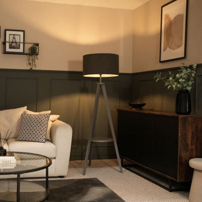 Valuelights Morrigan Grey Wood Shelf Tripod Floor Lamp With Boucle Shade - image 1