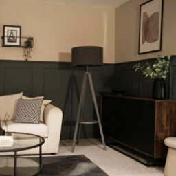Valuelights Morrigan Grey Wood Shelf Tripod Floor Lamp With Boucle Shade - thumbnail 3
