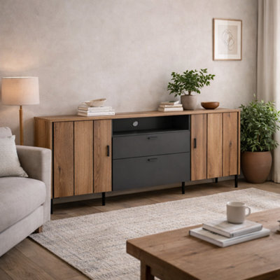 Wyld Haus Nightbloom 158Cm Panelled Tv Cabinet In Grey And Oak Effect 2 Door 2 Drawer - image 1