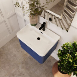 Balterley Dunwood Modern Wall Hung 1-Drawer Bathroom Vanity With Thin Edge Ceramic Basin, Satin Blue, 600mm - thumbnail 3