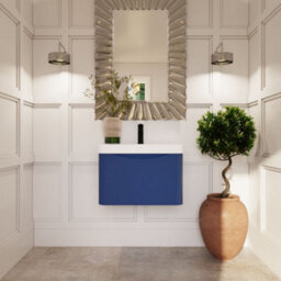 Balterley Dunwood Modern Wall Hung 1-Drawer Bathroom Vanity With Thin Edge Ceramic Basin, Satin Blue, 600mm - thumbnail 2