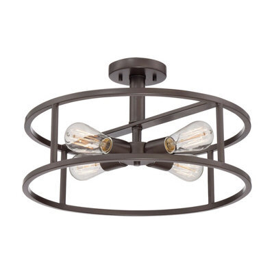 Stylish 4 Bulb Semi Flush Light Fixture With Black Metal Cage And Western Bronze Finish