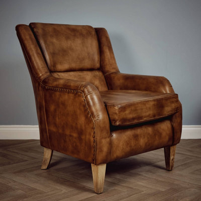 Elm Home And Products Real Genuine Leather Tub Aviator Wing Accent Arm Chair Brown Tan 97Cm High X 80Cm Wide X 97Cm Deep - image 1