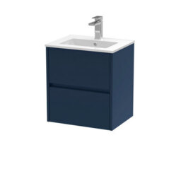 Nuie Havana Wall Hung 2-Drawer Unit & Minimalist Ceramic Basin, Modern Sink Vanity Unit In Midnight Blue With White Basin - thumbnail 1
