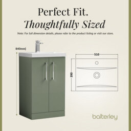 Balterley Level Modern Bathroom 2 Soft Close Door & Mid-Edge Vanity Unit Basin, Satin Green, 500mm - thumbnail 5