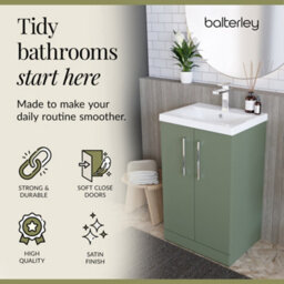Balterley Level Modern Bathroom 2 Soft Close Door & Mid-Edge Vanity Unit Basin, Satin Green, 500mm - thumbnail 7