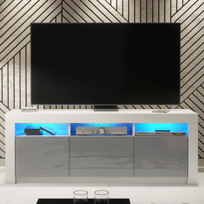 Creative Furniture Shine Tv Unit 160Cm - White & Grey Gloss Doors And Led Lights - image 1