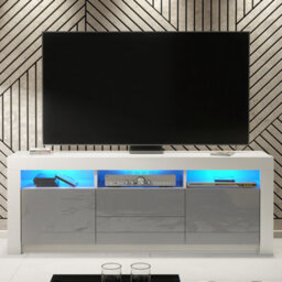 Creative Furniture Shine Tv Unit 160Cm - White & Grey Gloss Doors And Led Lights - thumbnail 1