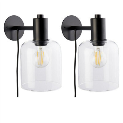 First Choice Lighting Set Of 2 Maxton - Black With Clear Glass Plug In Wall Lamps - image 1