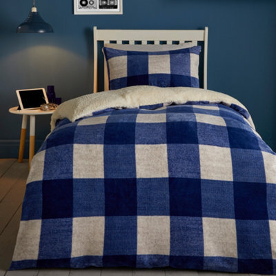 Bedlam Cosy Theo Check Blue Plush & Sherpa Reverse Duvet Cover Set - image 1
