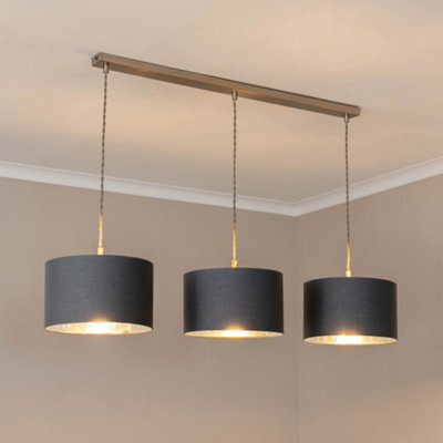 Valuelights Reni Grey & Chrome Drum Shade 3 Drop Bar Chrome Diner Ceiling Light And Bulbs - image 1
