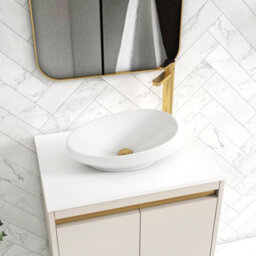 Royal Bathrooms Orion 600mm Warm Taupe Wall Hung Plain White Countertop Vanity Unit 2 Drawer With Nova Basin & Brushed Brass Accent Trim - thumbnail 5