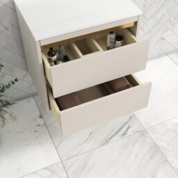 Royal Bathrooms Orion 600mm Warm Taupe Wall Hung Plain White Countertop Vanity Unit 2 Drawer With Nova Basin & Brushed Brass Accent Trim - thumbnail 4