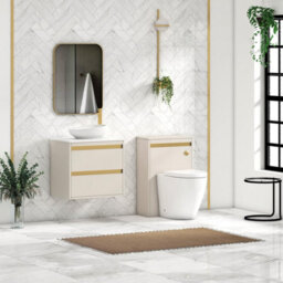 Royal Bathrooms Orion 600mm Warm Taupe Wall Hung Plain White Countertop Vanity Unit 2 Drawer With Nova Basin & Brushed Brass Accent Trim - thumbnail 3