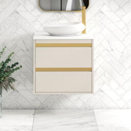 Royal Bathrooms Orion 600mm Warm Taupe Wall Hung Plain White Countertop Vanity Unit 2 Drawer With Nova Basin & Brushed Brass Accent Trim - thumbnail 2