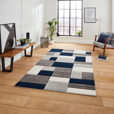 Geometric Grey Navy Modern Easy To Clean Rug For Dining Room-80Cm X 150Cm - image 1
