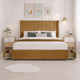Luxury Mustard Plush Milan Super King Size Bed Frame With Mattress 54 Inches Wingback Headboard 2 Footend Storage Drawers - thumbnail 2