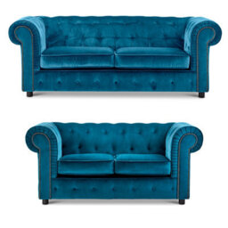 Furnishings For Less UK Ashbourne Chesterfield Indigo Blue Velvet Fabric Sofa Suite 3 Seater And 2 Seater Studded Design - thumbnail 1