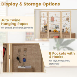 Costway 3-Panel Room Divider Folding Display Stand W/8 Storage Pockets-Natural - thumbnail 8