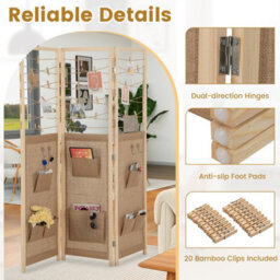 Costway 3-Panel Room Divider Folding Display Stand W/8 Storage Pockets-Natural - thumbnail 9