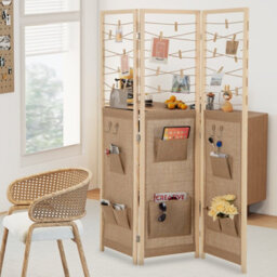 Costway 3-Panel Room Divider Folding Display Stand W/8 Storage Pockets-Natural - thumbnail 4